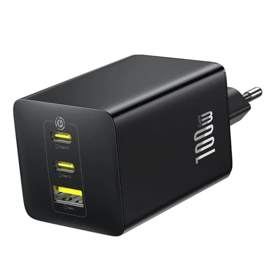 Зарядно за стена Baseus EnerFill FE11 (P10182102123-00) - USB, 2x Type-C, 100W, бързо зарядно - Черен (Cosmic Black)