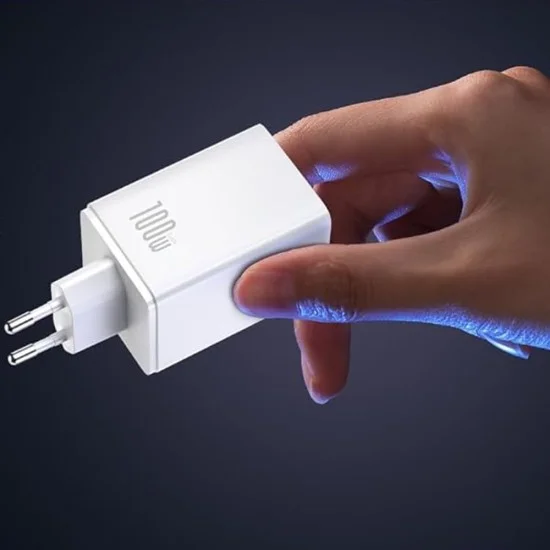 Зарядно за стена Baseus EnerFill FE11 (P10182102213-00) - USB, 2x Type-C, 100W, бързо зарядно - Бял (Moon White)