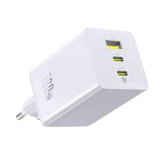 Зарядно за стена Baseus EnerFill FE11 (P10182102213-00) - USB, 2x Type-C, 100W, бързо зарядно - Бял (Moon White)