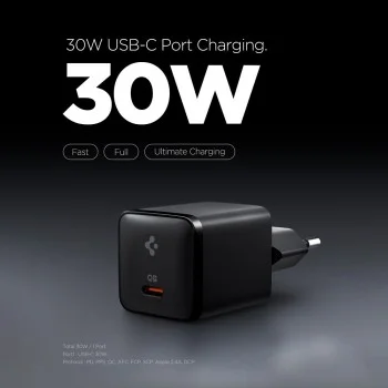 Зарядно устройство за мрежа Spigen Wall Charger Essential EE301EU (ACH09493) - Type-C, бързо зареждане, Quantum Boost, 30W - Черен