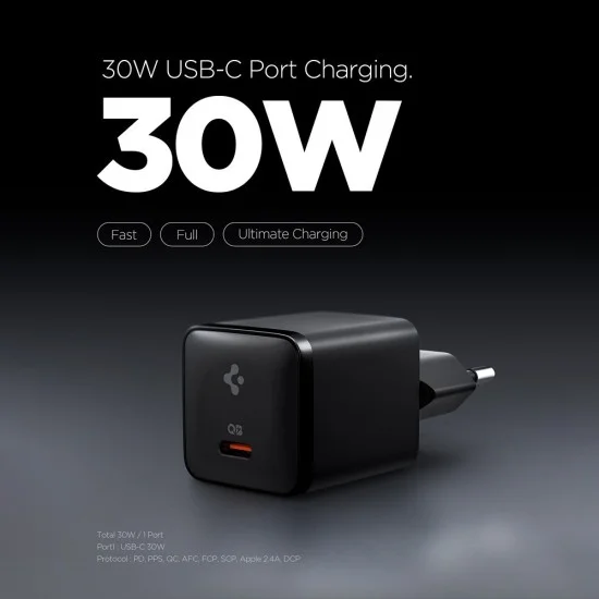 Зарядно устройство за мрежа Spigen Wall Charger Essential EE301EU (ACH09493) - Type-C, бързо зареждане, Quantum Boost, 30W - Черен