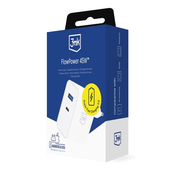 Зарядно устройство 3mk GaN (Wall Charger) - USB, Type-C, 45W, PD 3.0 - Бяло