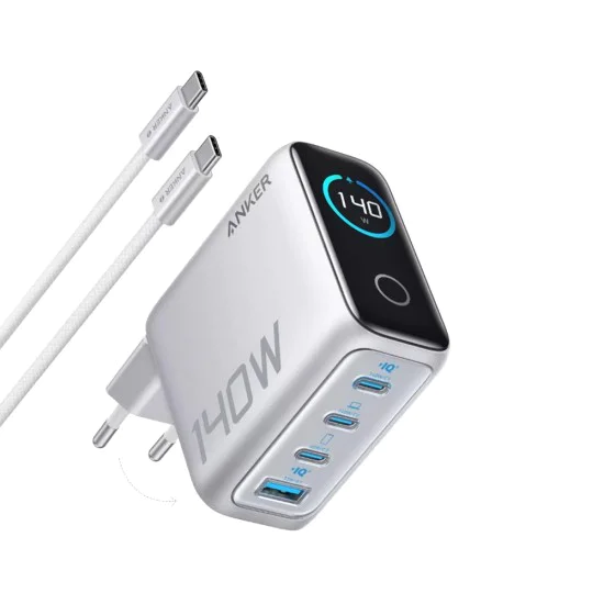 Зарядно устройство Anker (Wall Charger) - с включен Type-C кабел, 3x USB-C, USB, 140W - Сиво