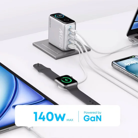 Зарядно устройство Anker (Wall Charger) - с включен Type-C кабел, 3x USB-C, USB, 140W - Сиво