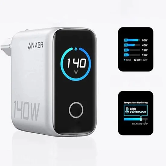 Зарядно устройство Anker (Wall Charger) - с включен Type-C кабел, 3x USB-C, USB, 140W - Сиво