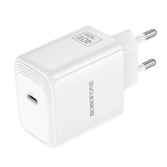 Зарядно устройство Borofone Fuente (BN33) - USB-C порт, PD 40W, EU щепсел, GaN технология - Бял