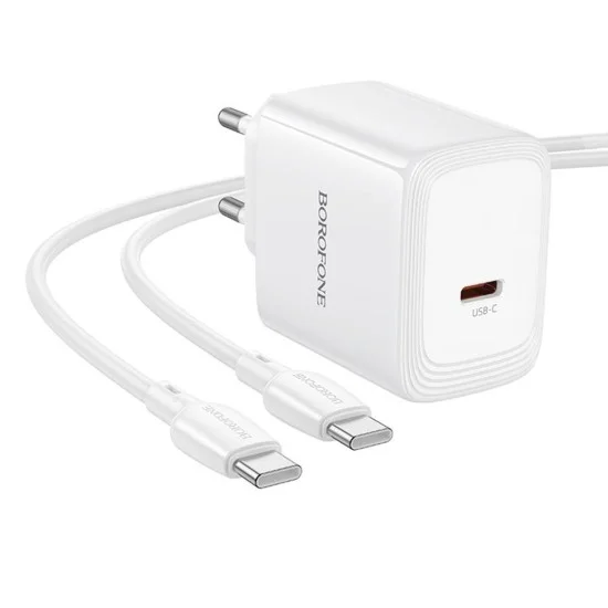 Зарядно устройство Borofone Fuente (BN33) - с включен Type-C кабел, USB-C порт, PD 40W, EU щепсел, GaN технология - Бял