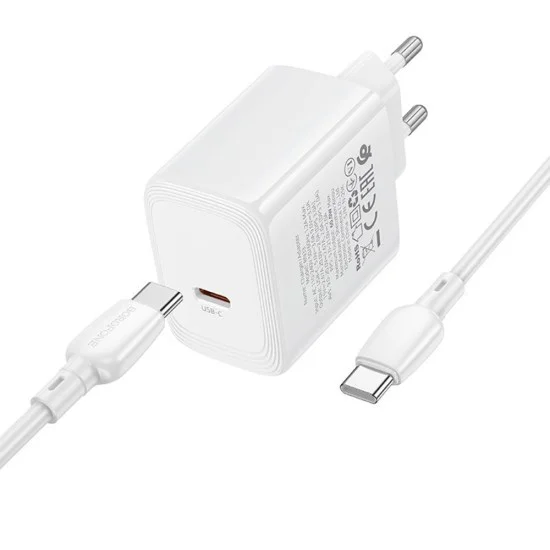 Зарядно устройство Borofone Fuente (BN33) - с включен Type-C кабел, USB-C порт, PD 40W, EU щепсел, GaN технология - Бял