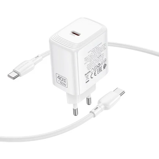 Зарядно устройство Borofone Fuente (BN33) - с включен Type-C кабел, USB-C порт, PD 40W, EU щепсел, GaN технология - Бял