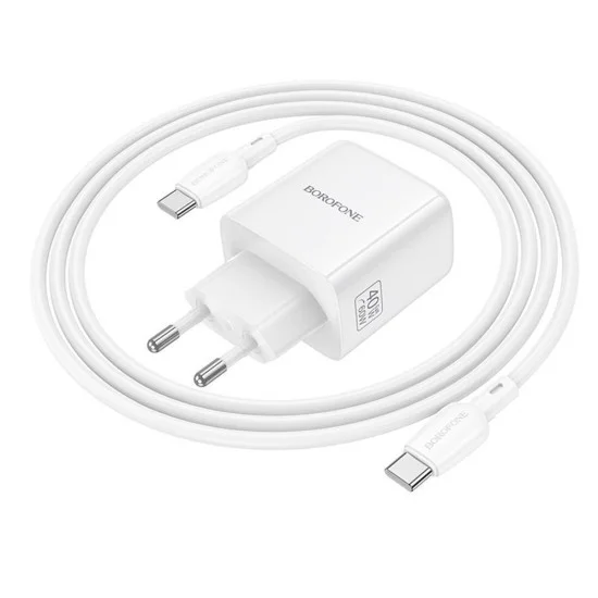 Зарядно устройство Borofone Fuente (BN33) - с включен Type-C кабел, USB-C порт, PD 40W, EU щепсел, GaN технология - Бял