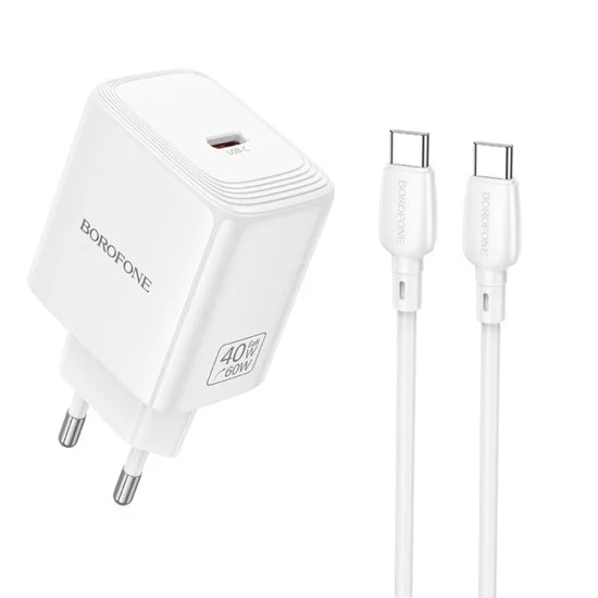 Зарядно устройство Borofone Fuente (BN33) - с включен Type-C кабел, USB-C порт, PD 40W, EU щепсел, GaN технология - Бял