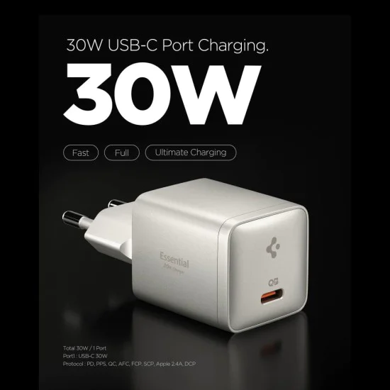 Зарядно устройство Spigen Wall Charger Essential EE301EU - Type-C, Fast Charging, 30W - Естествен титан