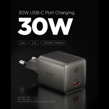 Зарядно устройство Spigen Wall Charger Essential EE301EU - Type-C, Fast Charging, 30W - Сиво (Gunmetal)