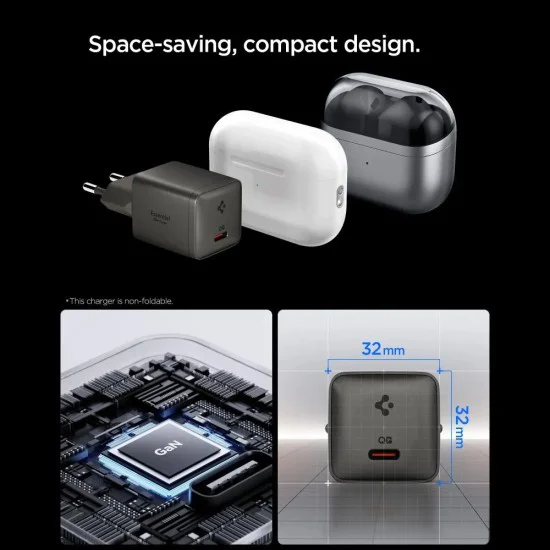 Зарядно устройство Spigen Wall Charger Essential EE301EU - Type-C, Fast Charging, 30W - Сиво (Gunmetal)