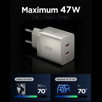 Зарядно устройство Spigen Wall Charger Essential EE472EU - 2x Type-C, Fast Charging, 47W - Естествен титан