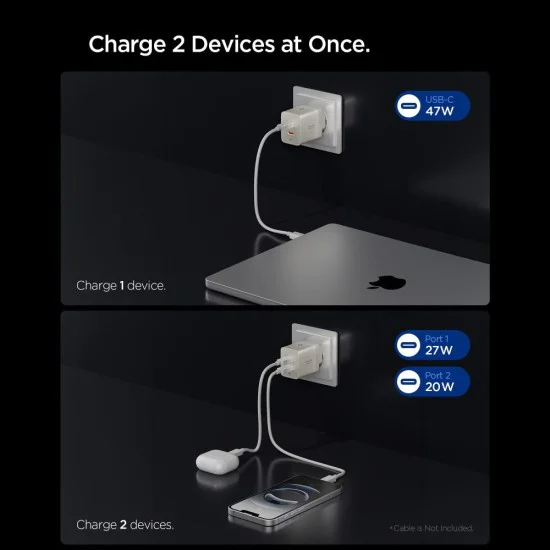Зарядно устройство Spigen Wall Charger Essential EE472EU - 2x Type-C, Fast Charging, 47W - Естествен титан