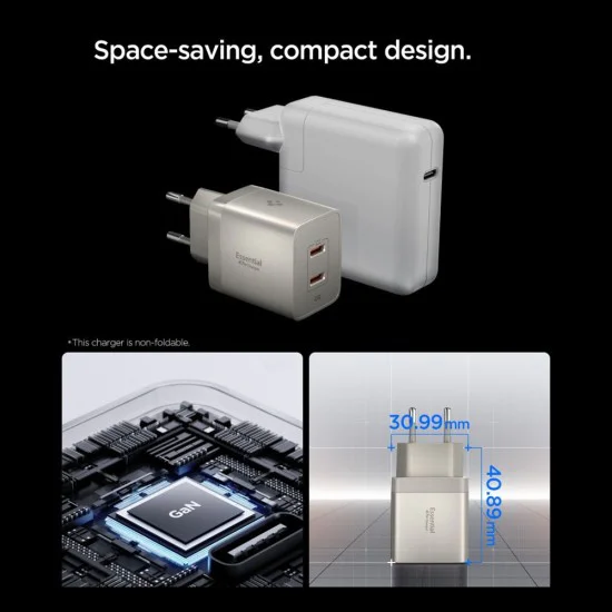 Зарядно устройство Spigen Wall Charger Essential EE472EU - 2x Type-C, Fast Charging, 47W - Естествен титан