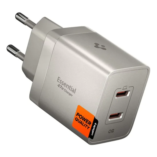 Зарядно устройство Spigen Wall Charger Essential EE472EU - 2x Type-C, Fast Charging, 47W - Естествен титан
