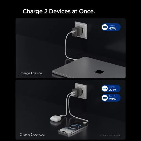 Зарядно устройство Spigen Wall Charger Essential EE472EU - 2x Type-C, Fast Charging, 47W - Сиво (Gunmetal)