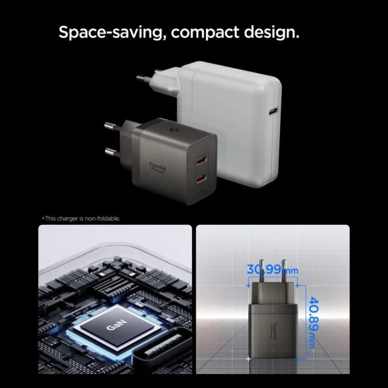 Зарядно устройство Spigen Wall Charger Essential EE472EU - 2x Type-C, Fast Charging, 47W - Сиво (Gunmetal)