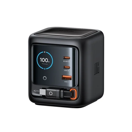 Зарядно устройство за кола Mcdodo Charger FreeGo Series (CH-1391) - с прибиращ се USB-C кабел, 2x USB-C + 1x USB-A, 100W, GaN, дигитален дисплей - Черен