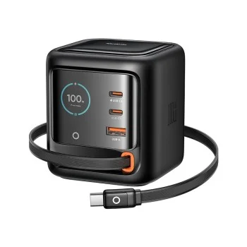 Зарядно устройство за кола Mcdodo Charger FreeGo Series (CH-1391) - с прибиращ се USB-C кабел, 2x USB-C + 1x USB-A, 100W, GaN, дигитален дисплей - Черен