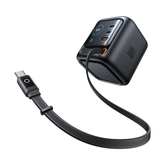 Зарядно устройство за кола Mcdodo Charger FreeGo Series (CH-1391) - с прибиращ се USB-C кабел, 2x USB-C + 1x USB-A, 100W, GaN, дигитален дисплей - Черен