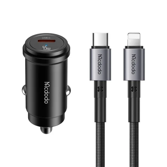 Зарядно устройство за кола Mcdodo Obsidian Series (CC-7495) - с включен Type-C към Lightning кабел, PD45W, Smart IC, мини размер, 1.2m - Черен