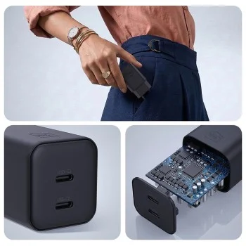 Зарядно устройство за мрежа 3mk Wall Charger Hyper - 2x Type-C, GaN технология, PD 45W - Черен