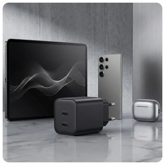 Зарядно устройство за мрежа 3mk Wall Charger Hyper - 2x Type-C, GaN технология, PD 45W - Черен