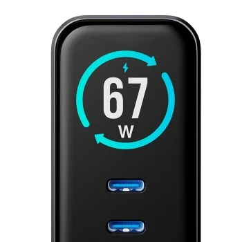 Зарядно устройство за мрежа 3mk Wall Charger incharge® Lumin - с TFT дисплей, 2x Type-C, 1x USB-A, 67W GaN, QC 4+ PPS - Черен