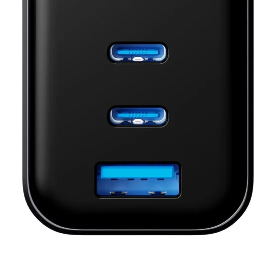 Зарядно устройство за мрежа 3mk Wall Charger incharge® Lumin - с TFT дисплей, 2x Type-C, 1x USB-A, 67W GaN, QC 4+ PPS - Черен