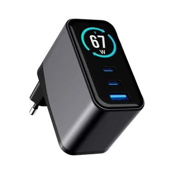 Зарядно устройство за мрежа 3mk Wall Charger incharge® Lumin - с TFT дисплей, 2x Type-C, 1x USB-A, 67W GaN, QC 4+ PPS - Черен