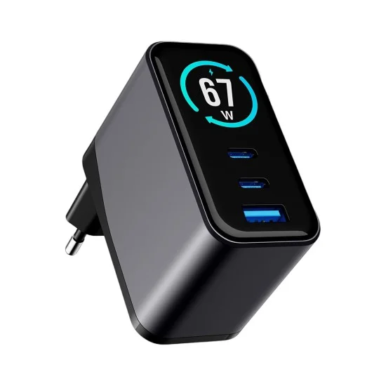 Зарядно устройство за мрежа 3mk Wall Charger incharge® Lumin - с TFT дисплей, 2x Type-C, 1x USB-A, 67W GaN, QC 4+ PPS - Черен
