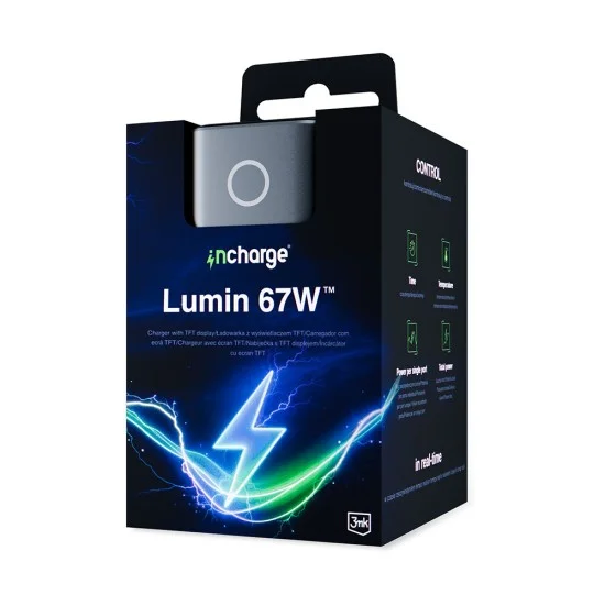 Зарядно устройство за мрежа 3mk Wall Charger incharge® Lumin - с TFT дисплей, 2x Type-C, 1x USB-A, 67W GaN, QC 4+ PPS - Черен