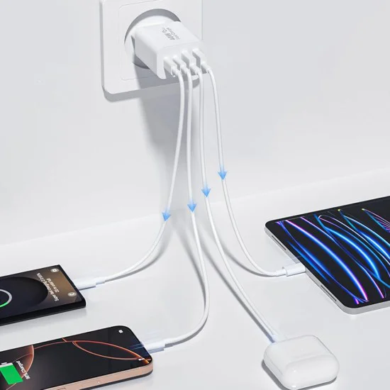 Зарядно устройство за стена Techsuit PowerXQuad (CH4) - 2x PD20W Type-C + 2x USB 3.1A, 40W - Бяло