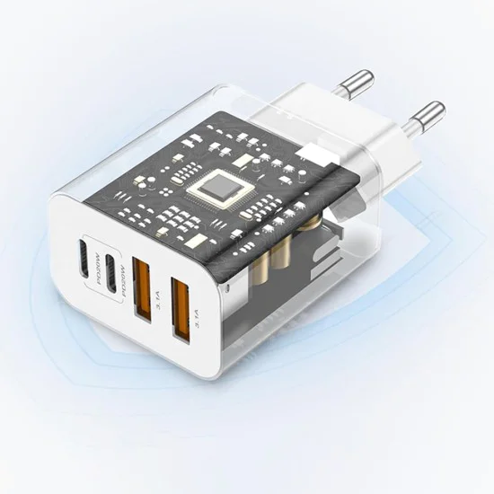 Зарядно устройство за стена Techsuit PowerXQuad (CH4) - 2x PD20W Type-C + 2x USB 3.1A, 40W - Бяло