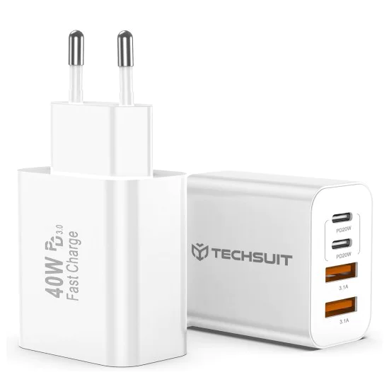 Зарядно устройство за стена Techsuit PowerXQuad (CH4) - 2x PD20W Type-C + 2x USB 3.1A, 40W - Бяло