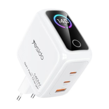 Зарядно устройство Yesido (YC114) - с TFT дисплей, USB, 2x Type-C, GaN, бързо зареждане, за телефон, таблет, 140W - Бял