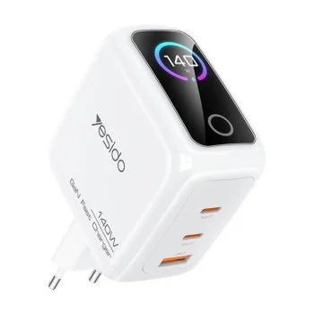 Зарядно устройство Yesido (YC114) - с TFT дисплей, USB, 2x Type-C, GaN, бързо зареждане, за телефон, таблет, 140W - Бял