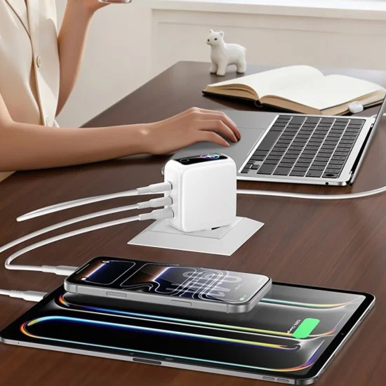 Зарядно устройство Yesido (YC114) - с TFT дисплей, USB, 2x Type-C, GaN, бързо зареждане, за телефон, таблет, 140W - Бял