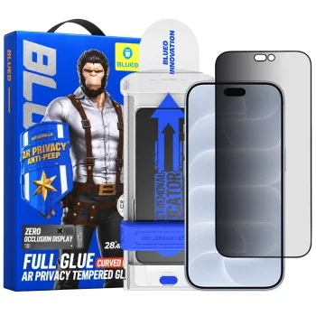 Извит стъклен протектор за iPhone 18 Pro - Anti-Peep AR Privacy 3D Curved Glass with Applicator Pro - Blueo - Черен