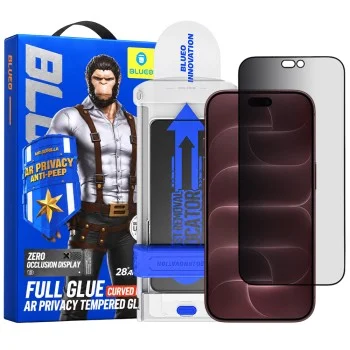 Извит стъклен протектор за iPhone 18 Pro Max - Anti-Peep AR Privacy 3D Curved Glass with Applicator Pro - Blueo - Черен