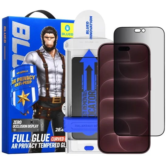 Извит стъклен протектор за iPhone 18 Pro Max - Anti-Peep AR Privacy 3D Curved Glass with Applicator Pro - Blueo - Черен