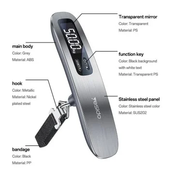 Yesido - Luggage Scale (MG41) - with LCD Display, 50kg Capacity, 3 Units (kg/lb/oz), Durable Strap, T-Type, CR2032 - Gray