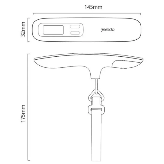 Yesido - Luggage Scale (MG41) - with LCD Display, 50kg Capacity, 3 Units (kg/lb/oz), Durable Strap, T-Type, CR2032 - Gray