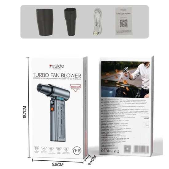 Yesido - Turbo Fan Blower (YF19) - 130000RPM, Brushless Motor, 100-Speed Control, 4000mAh, Digital Display - Gray